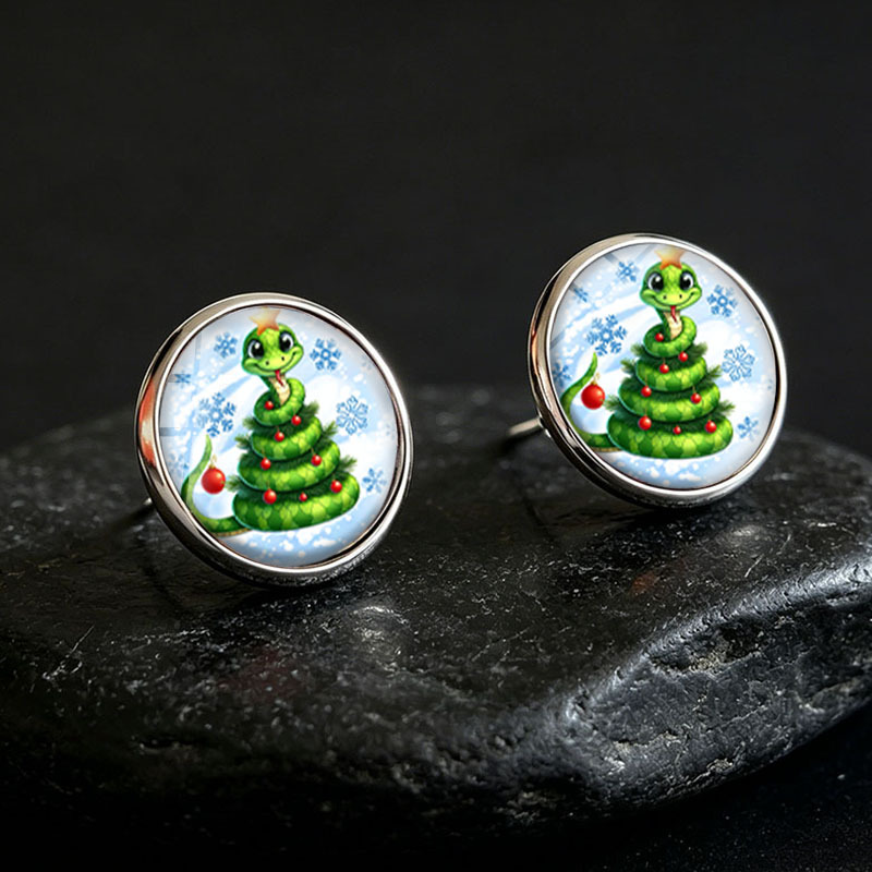 Green Snake Christmas Tree Round Stud Earrings